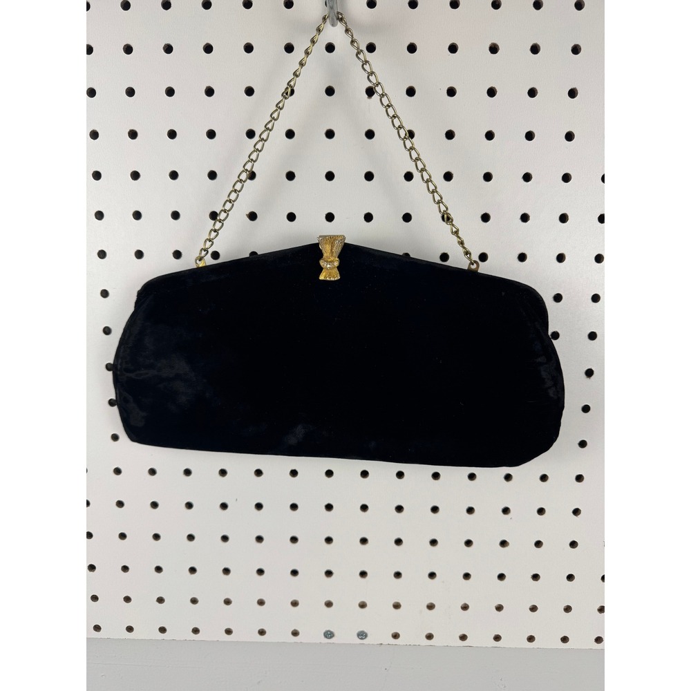 Vtg Black Velvet Evening Clutch Gold Wheat Sheaf Rhinestone Clasp Chain Strap